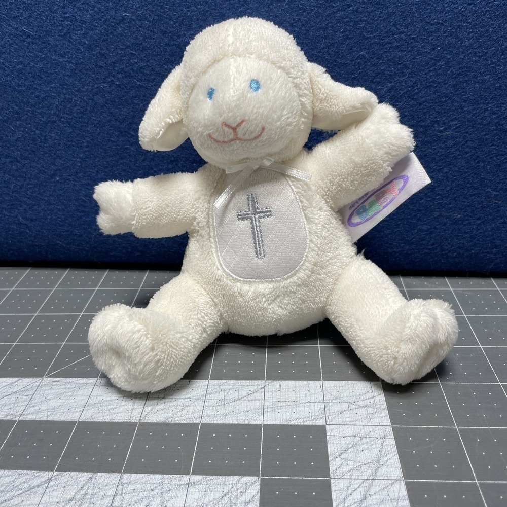 Mary Meyer Baby Rattle Lovey Security Plush Lamb Sheep Cross White Blue Satin